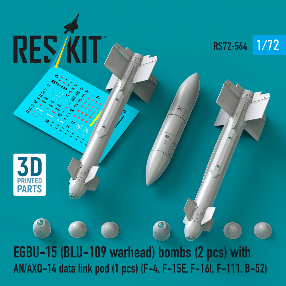EGBU-15 (BLU-109 warhead) bombs (2 pcs) with AN/AXQ-14 data link pod (1 pcs) (F-4, F-15E, F-16I, F-111, B-52) (3D Printed) Scale 1:72 ResKit RS72-0564