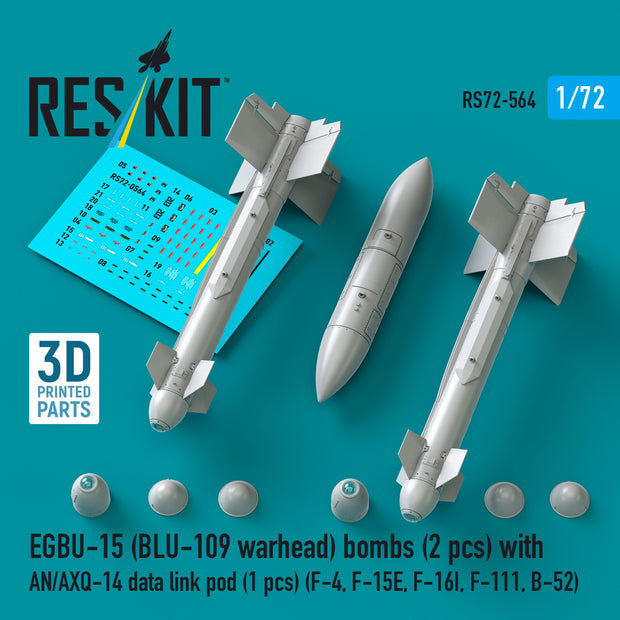 EGBU-15 (BLU-109 warhead) bombs (2 pcs) with AN/AXQ-14 data link pod (1 pcs) (F-4, F-15E, F-16I, F-111, B-52) (3D Printed) Scale 1:72 ResKit RS72-0564