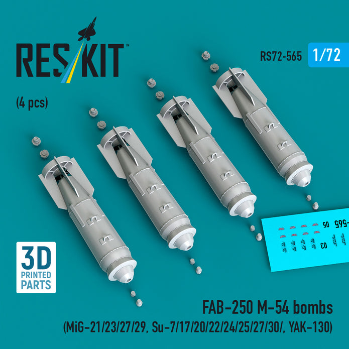 FAB-250 М-54 bombs (4 pcs) (MiG-21/23/27/29, Su-7/17/20/22/24/25/27/30/ YAK-130) (3D Printed) Scale 1:72 ResKit RS72-0565
