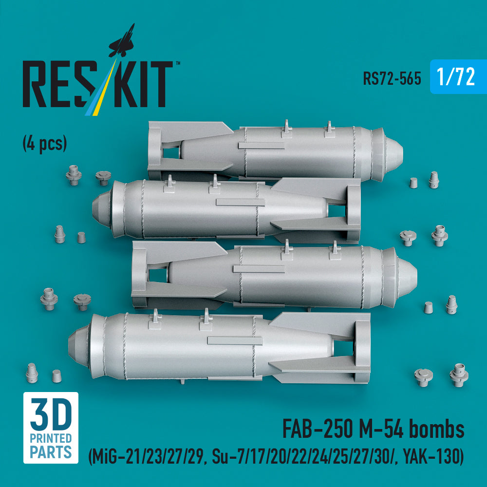 FAB-250 М-54 bombs (4 pcs) (MiG-21/23/27/29, Su-7/17/20/22/24/25/27/30/ YAK-130) (3D Printed) Scale 1:72 ResKit RS72-0565
