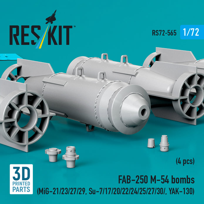 FAB-250 M-54 bombs (4 pcs) (MiG-21/23/27/29, Su-7/17/20/22/24/25/27/30/ YAK-130) (3D Printed) Scale 1:72 ResKit RS72-0565