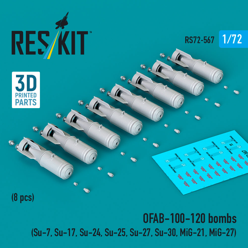 OFAB-100-120 bombs (8 pcs) (Su-7, Su-17, Su-24, Su-25, Su-27, Su-30, MiG-21, MiG-27) (3D Printed) Scale 1:72 ResKit RS72-0567
