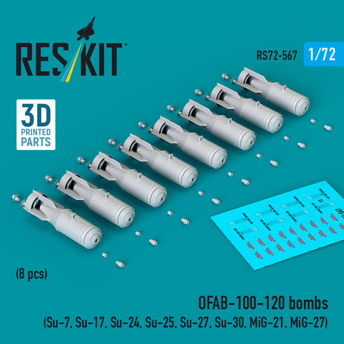 OFAB-100-120 bombs (8 pcs) (Su-7, Su-17, Su-24, Su-25, Su-27, Su-30, MiG-21, MiG-27) (3D Printed) Scale 1:72 ResKit RS72-0567