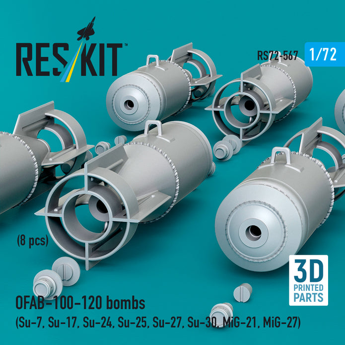OFAB-100-120 bombs (8 pcs) (Su-7, Su-17, Su-24, Su-25, Su-27, Su-30, MiG-21, MiG-27) (3D Printed) Scale 1:72 ResKit RS72-0567