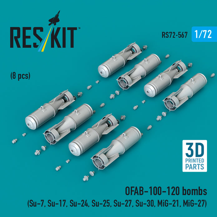 OFAB-100-120 bombs (8 pcs) (Su-7, Su-17, Su-24, Su-25, Su-27, Su-30, MiG-21, MiG-27) (3D Printed) Scale 1:72 ResKit RS72-0567