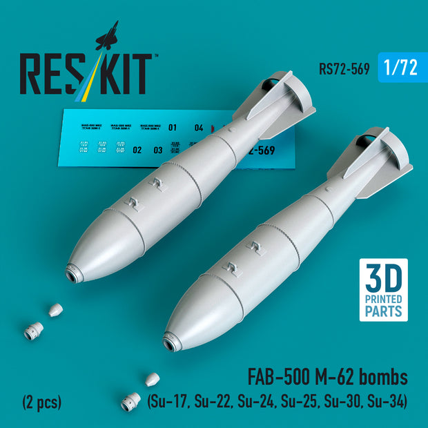 FAB-500 M-62 bombs (2 pcs) (Su-17, Su-22, Su-24, Su-25, Su-30, Su-34) (3D Printed) Scale 1:72 ResKit RS72-0569