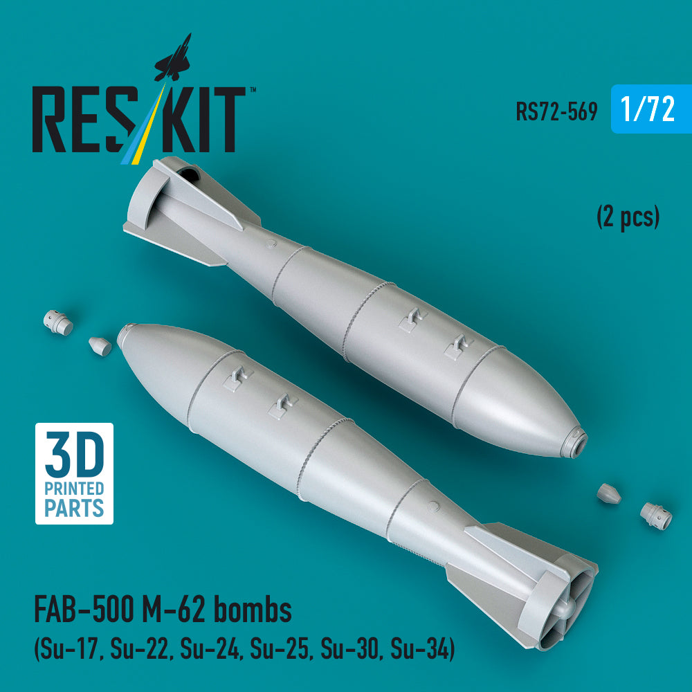 FAB-500 M-62 bombs (2 pcs) (Su-17, Su-22, Su-24, Su-25, Su-30, Su-34) (3D Printed) Scale 1:72 ResKit RS72-0569