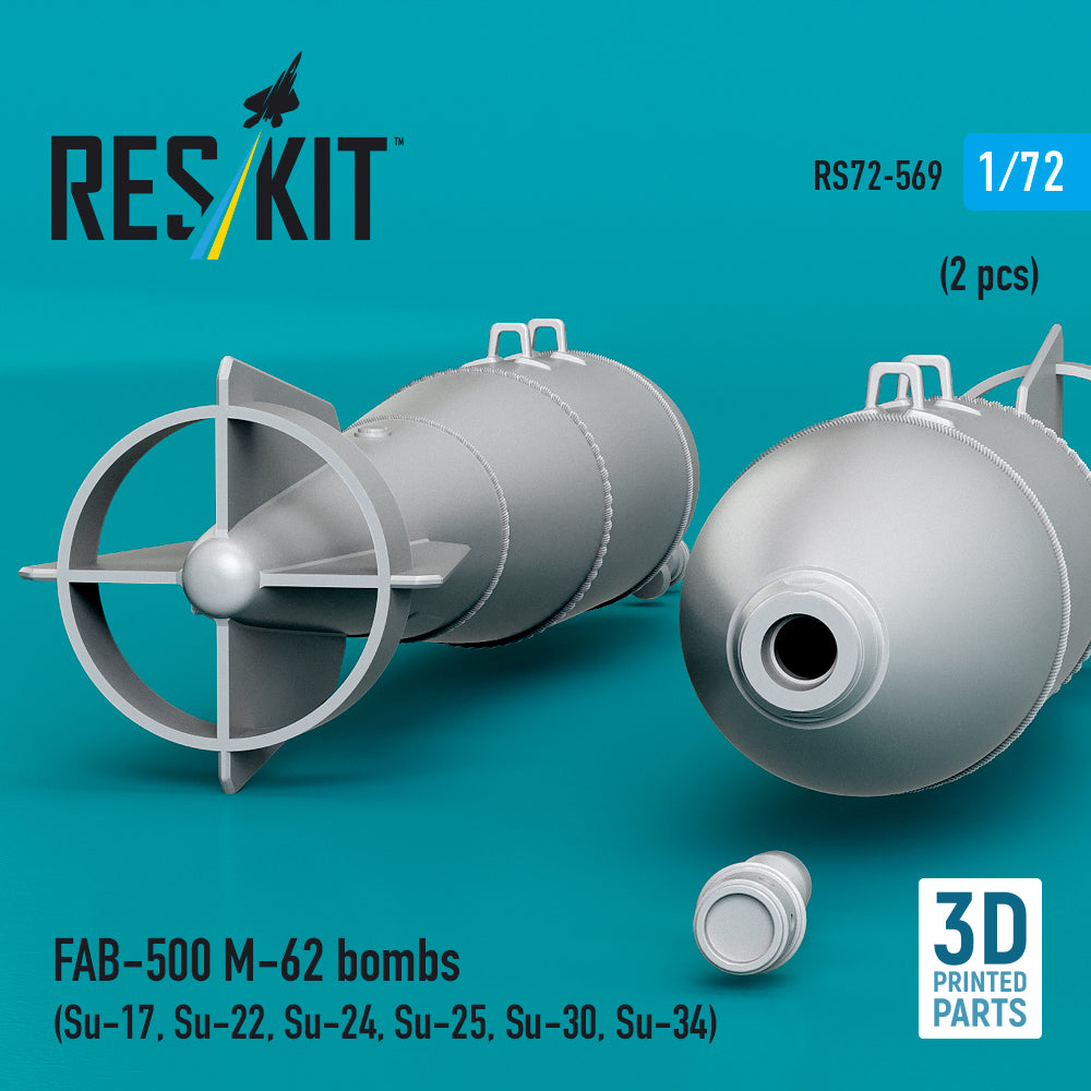 FAB-500 M-62 bombs (2 pcs) (Su-17, Su-22, Su-24, Su-25, Su-30, Su-34) (3D Printed) Scale 1:72 ResKit RS72-0569