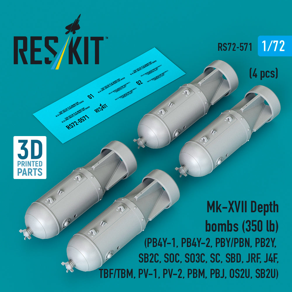 Mk-XVII Depth bombs (350 lb) (4 pcs) (PB4Y-1, PB4Y-2, PBY/PBN, PB2Y, SB2C, SOC, SO3C, SC, SBD, JRF, J4F, TBF/TBM, PV-1, PV-2, PBM, PBJ, OS2U, SB2U) (3D Printed) Scale 1:72 ResKit RS72-0571