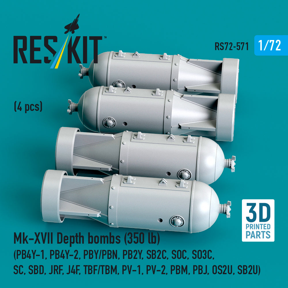 Mk-XVII Depth bombs (350 lb) (4 pcs) (PB4Y-1, PB4Y-2, PBY/PBN, PB2Y, SB2C, SOC, SO3C, SC, SBD, JRF, J4F, TBF/TBM, PV-1, PV-2, PBM, PBJ, OS2U, SB2U) (3D Printed) Scale 1:72 ResKit RS72-0571