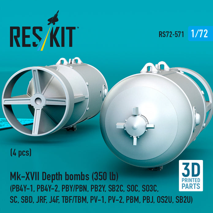 Mk-XVII Depth bombs (350 lb) (4 pcs) (PB4Y-1, PB4Y-2, PBY/PBN, PB2Y, SB2C, SOC, SO3C, SC, SBD, JRF, J4F, TBF/TBM, PV-1, PV-2, PBM, PBJ, OS2U, SB2U) (3D Printed) Scale 1:72 ResKit RS72-0571