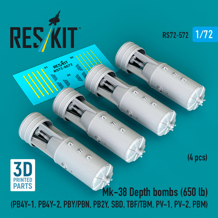 Mk-38 Depth bombs (650 lb) (4 pcs) (PB4Y-1, PB4Y-2, PBY/PBN, PB2Y, SBD, TBF/TBM, PV-1, PV-2, PBM) (3D Printed) Scale 1:72 ResKit RS72-0572