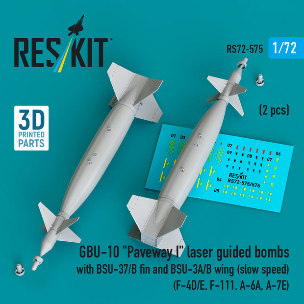 GBU-10 Paveway I laser guided bombs with BSU-37/B fin and BSU-3A/B wing (slow speed) (2 pcs) (F-4D/E, F-111, A-6A, A-7E) (3D Printed) Scale 1:72 ResKit RS72-0575