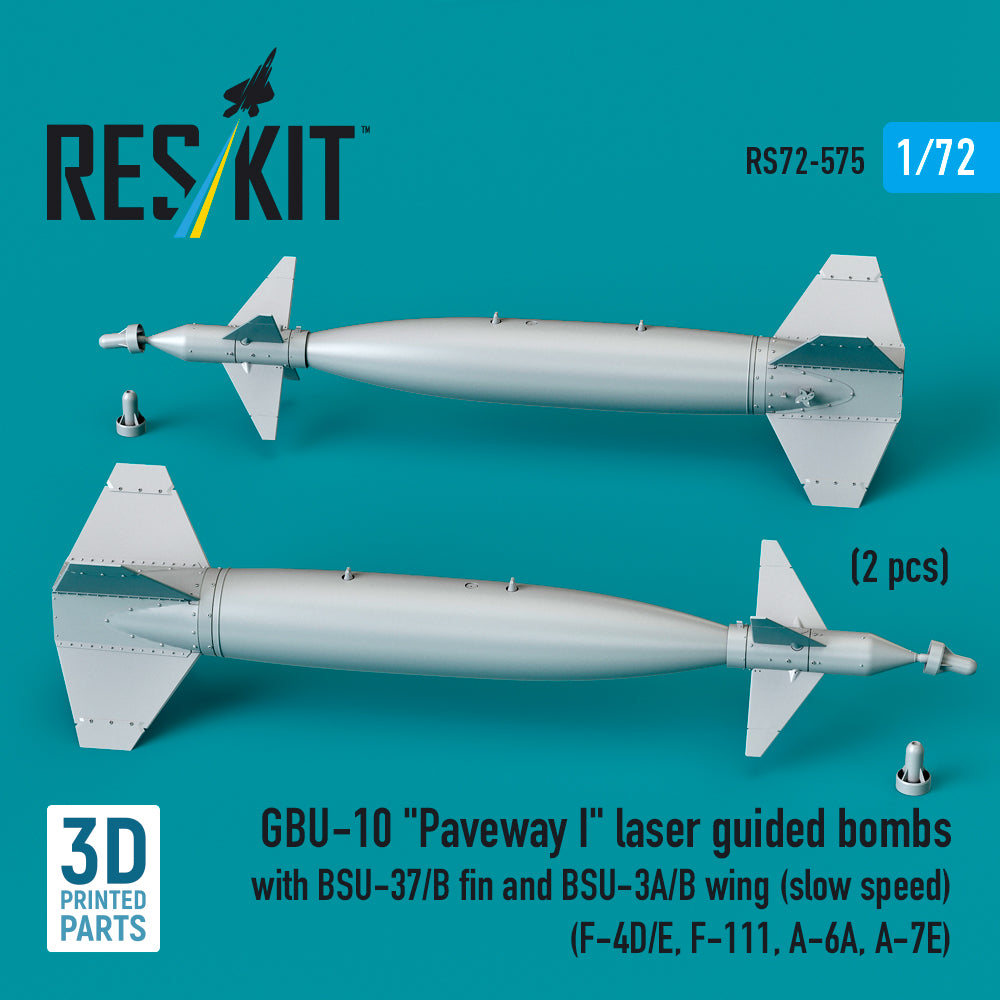 GBU-10 Paveway I laser guided bombs with BSU-37/B fin and BSU-3A/B wing (slow speed) (2 pcs) (F-4D/E, F-111, A-6A, A-7E) (3D Printed) Scale 1:72 ResKit RS72-0575
