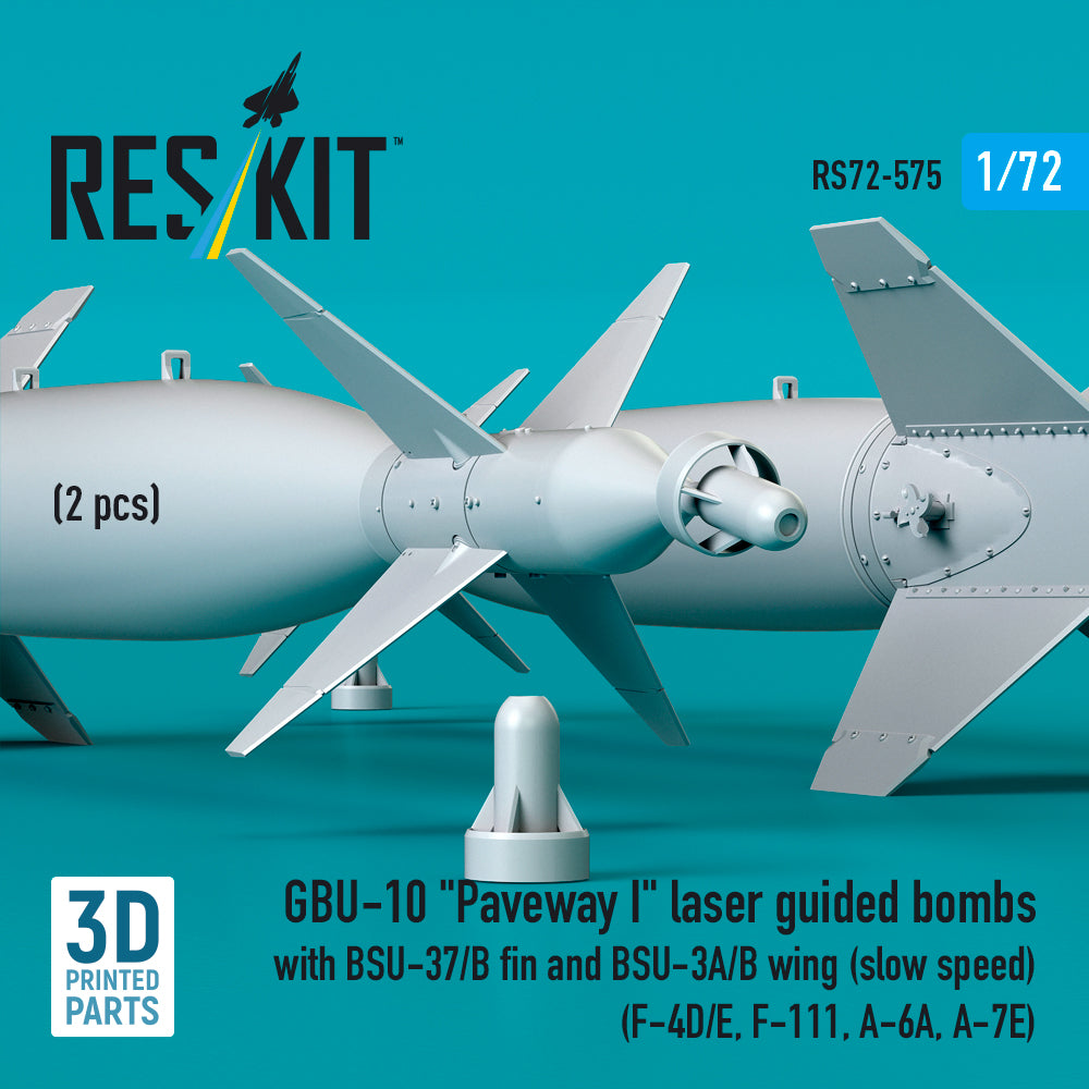 GBU-10 Paveway I laser guided bombs with BSU-37/B fin and BSU-3A/B wing (slow speed) (2 pcs) (F-4D/E, F-111, A-6A, A-7E) (3D Printed) Scale 1:72 ResKit RS72-0575