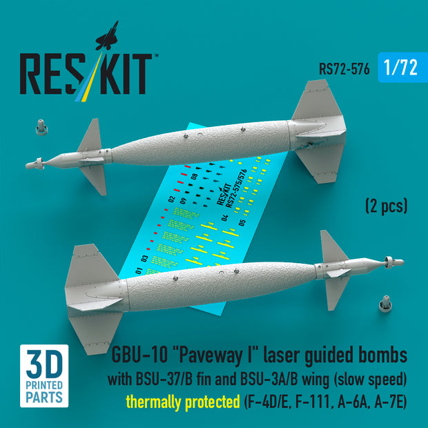 GBU-10 Paveway I laser guided bombs with BSU-37/B fin and BSU-3A/B wing (slow speed) thermally protected (2 pcs) (F-4D/E, F-111, A-6A, A-7E) (3D Printed) Scale 1:72 ResKit RS72-0576