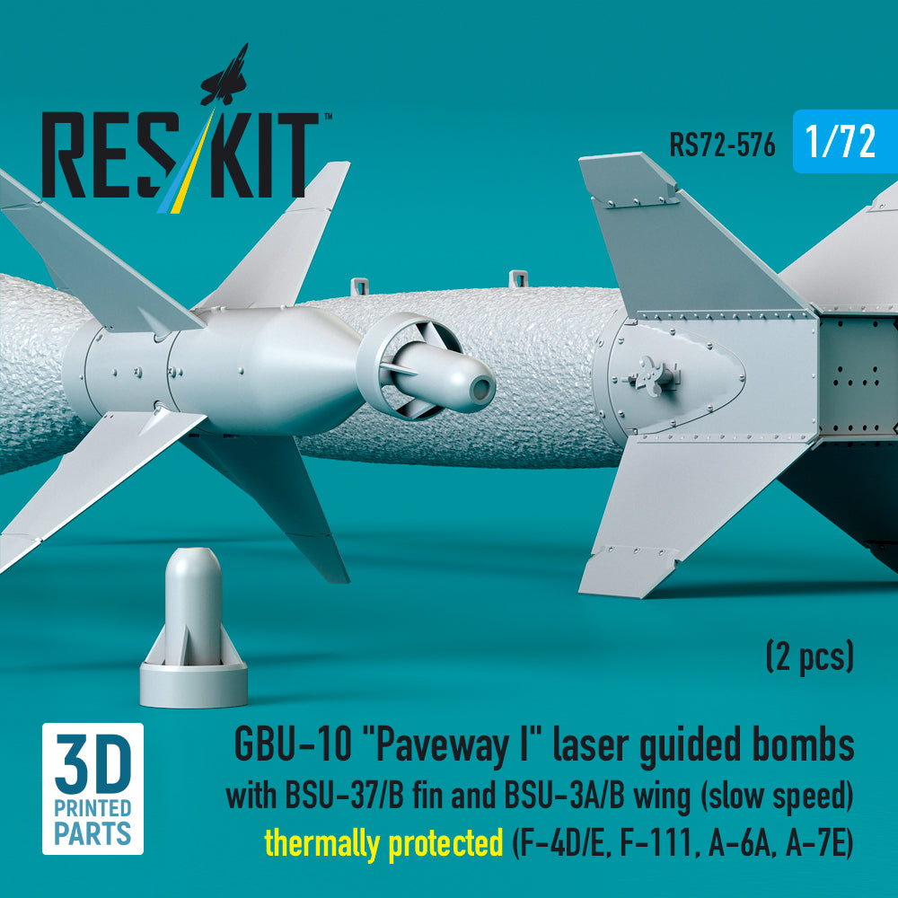 GBU-10 Paveway I laser guided bombs with BSU-37/B fin and BSU-3A/B wing (slow speed) thermally protected (2 pcs) (F-4D/E, F-111, A-6A, A-7E) (3D Printed) Scale 1:72 ResKit RS72-0576