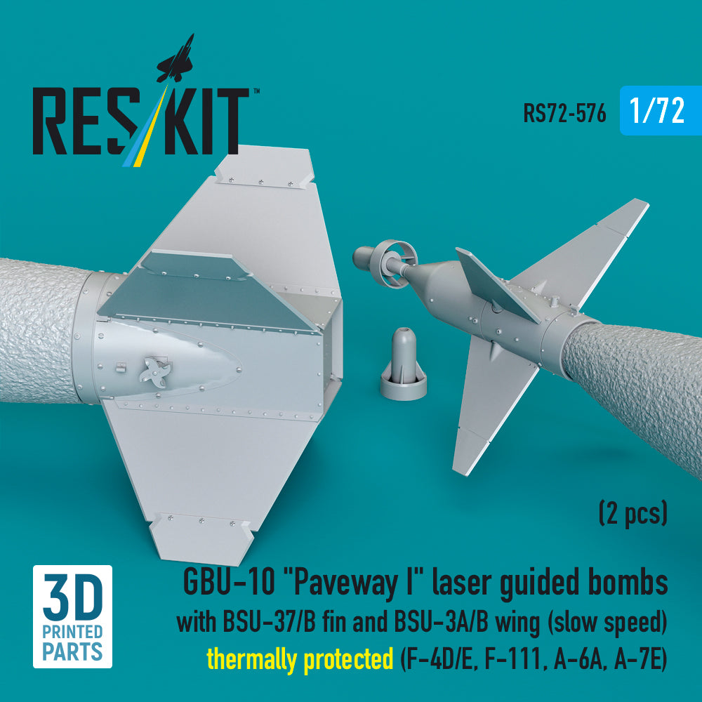 GBU-10 Paveway I laser guided bombs with BSU-37/B fin and BSU-3A/B wing (slow speed) thermally protected (2 pcs) (F-4D/E, F-111, A-6A, A-7E) (3D Printed) Scale 1:72 ResKit RS72-0576