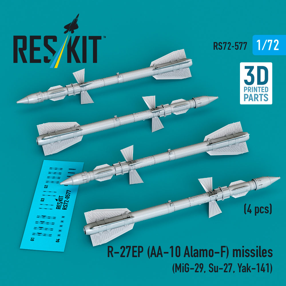 R-27EP (AA-10 Alamo-F) missiles (4 pcs) (MiG-29, Su-27, Yak-141) (3D Printed) Scale 1:72 ResKit RS72-0577