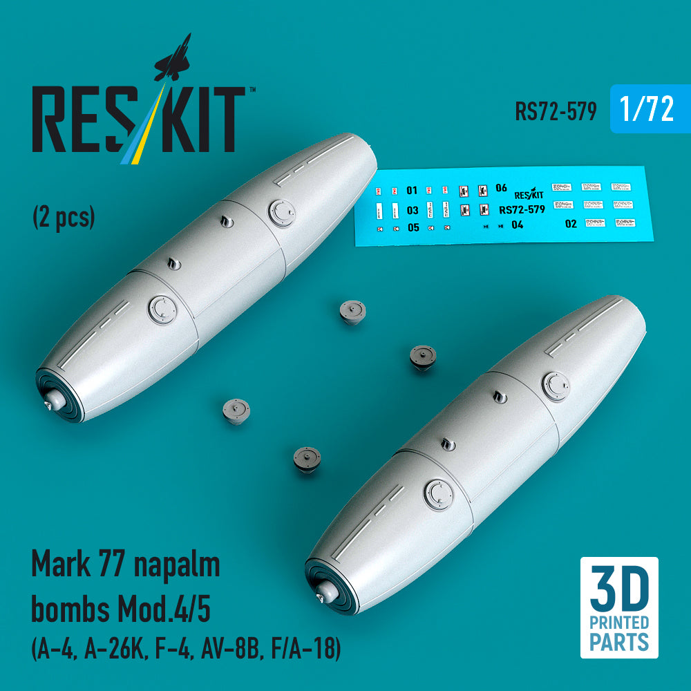 Mark 77 napalm bombs Mod.4/5 (2pcs) (A-4, A-26K, F-4, AV-8B, F/A-18) (3D Printed) Scale 1:72 ResKit RS72-0579