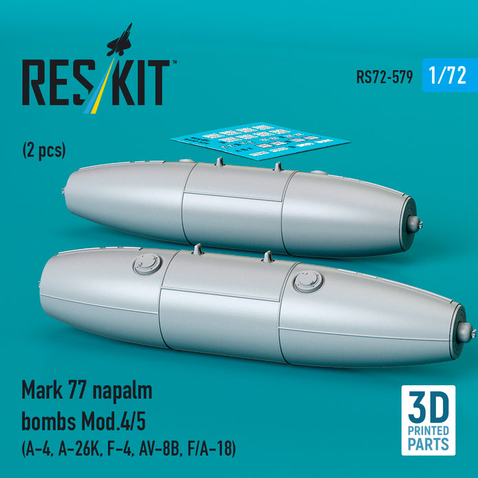 Mark 77 napalm bombs Mod.4/5 (2pcs) (A-4, A-26K, F-4, AV-8B, F/A-18) (3D Printed) Scale 1:72 ResKit RS72-0579
