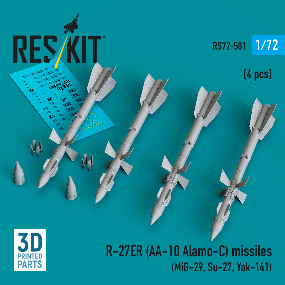 R-27ER (AA-10 Alamo-C) missiles (4 pcs) (MiG-29, Su-27, Yak-141) (3D Printed) Scale 1:72 ResKit RS72-0581
