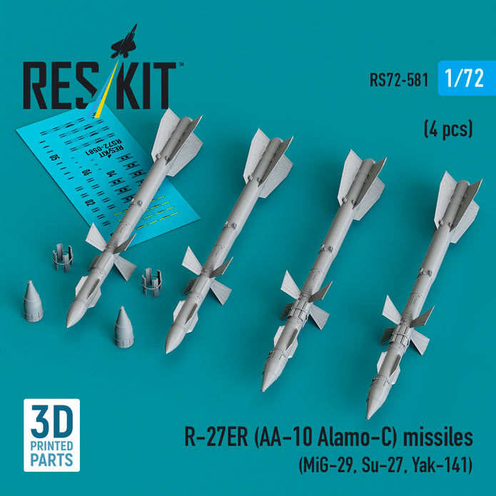 R-27ER (AA-10 Alamo-C) missiles (4 pcs) (MiG-29, Su-27, Yak-141) (3D Printed) Scale 1:72 ResKit RS72-0581