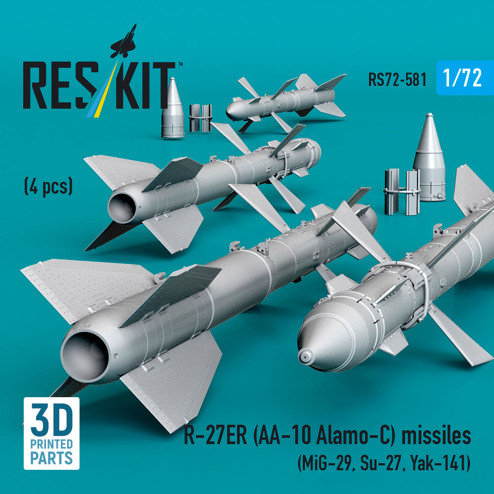 R-27ER (AA-10 Alamo-C) missiles (4 pcs) (MiG-29, Su-27, Yak-141) (3D Printed) Scale 1:72 ResKit RS72-0581