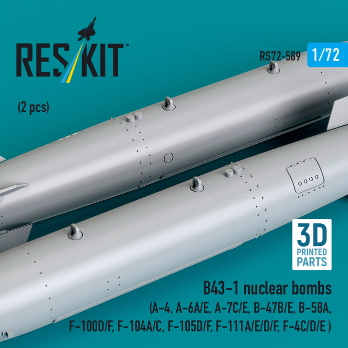 B43-1 nuclear bombs (2 pcs) (A-4, A-6A/E, A-7C/E, B-47B/E, B-58A, F-100D/F, F-104A/C, F-105D/F, F-111A/E/D/F, F-4C/D/E ) (3D Printed) Scale 1:72 ResKit RS72-0589