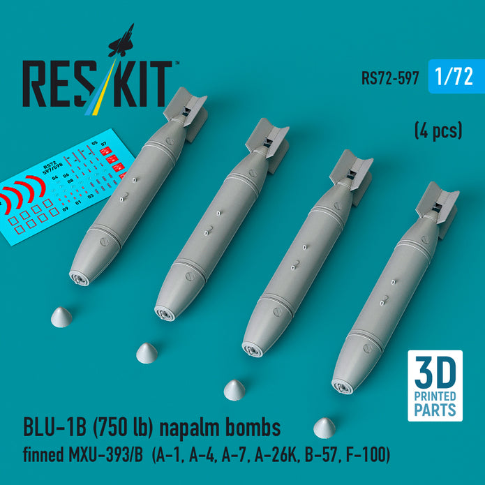 BLU-1B (750lb) napalm bombs finned MXU-393/B (4 pcs) (A-1, A-4, A-7, A-26K, B-57, F-100) (3D Printed) Scale 1:72 ResKit RS72-0597