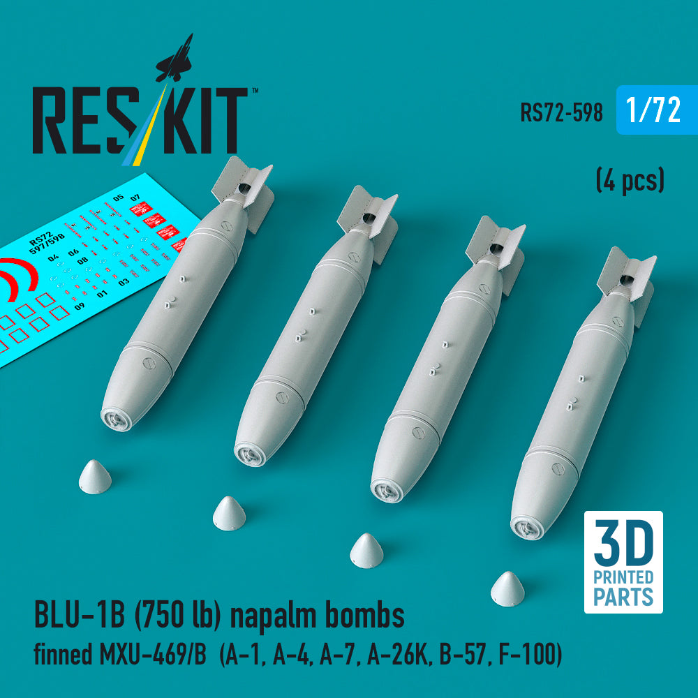 BLU-1B (750lb) napalm bombs finned MXU-469/B (4 pcs) (A-1, A-4, A-7, A-26K, B-57, F-100) (3D Printed) Scale 1:72 ResKit RS72-0598