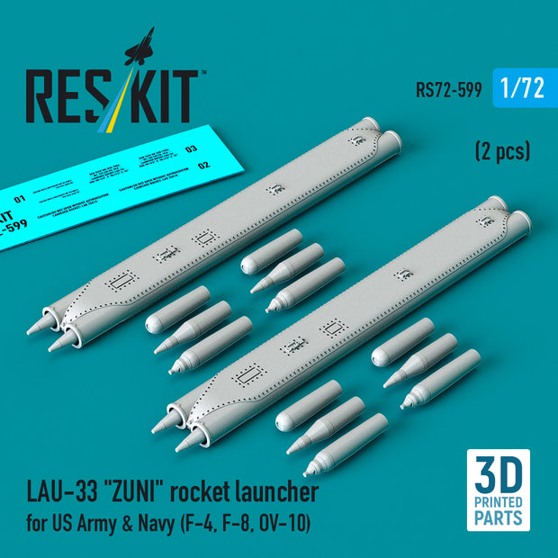 LAU-33 ZUNI rocket launcher for US Army & Navy (2 pcs) (F-4, F-8, OV-10) (3D Printed) Scale 1:72 ResKit RS72-0599
