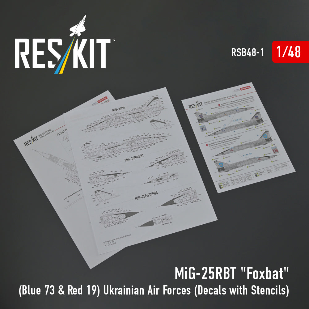 MiG-25RBT Foxbat (Blue 73 & Red 19) Ukrainian Air Forces (Decals with Stencils) Scale 1:48 ResKit RSB48-0001