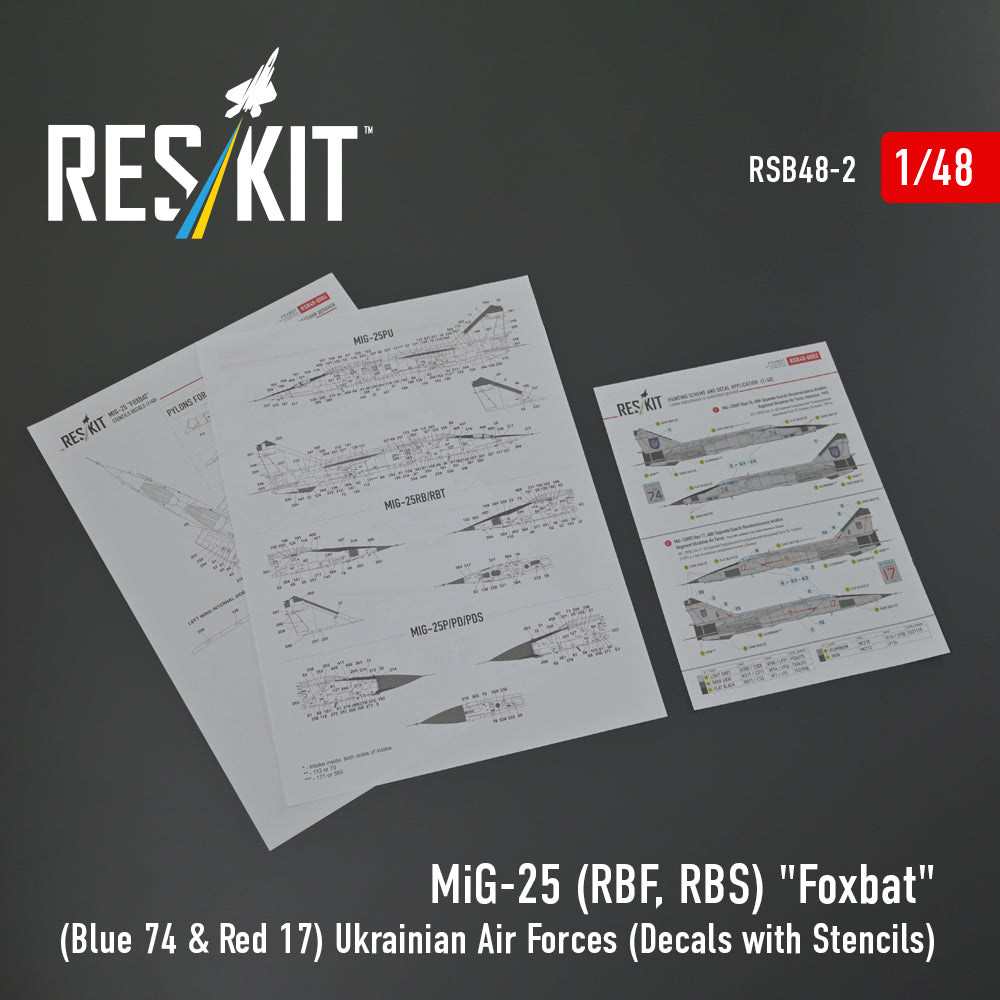 MiG-25 RBF, RBS Foxbat (Blue 74 & Red 17) Ukrainian Air Forces (Decals with Stencils) Scale 1:48 ResKit RSB48-0002
