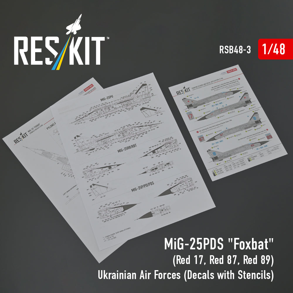 MiG-25PDS Foxbat (Red 17, Red 87, Red 89) Ukrainian Air Forces (Decals with Stencils) Scale 1:48 ResKit RSB48-0003