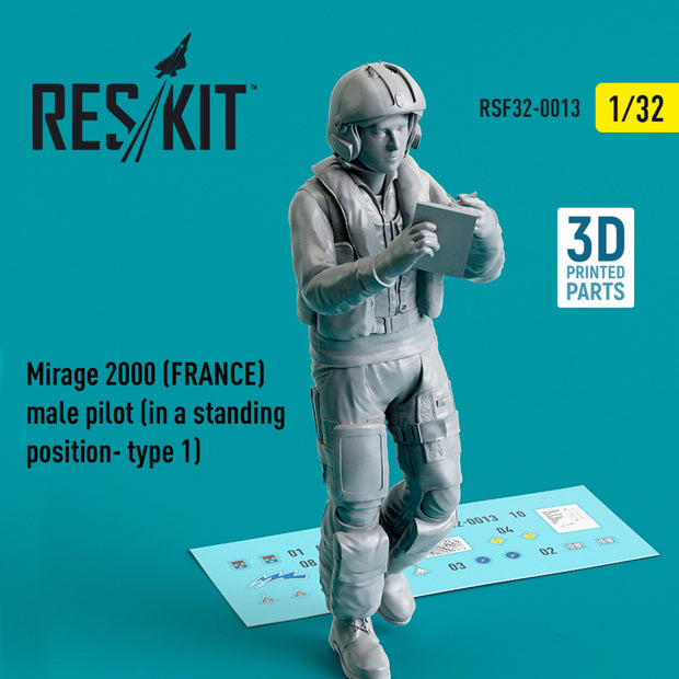 Dassault Mirage 2000 (FRANCE) male pilot (in a standing position- type 1) (3D Printed) Scale 1:32 ResKit RSF32-0013 for Figurines for Aircraft Model Kit