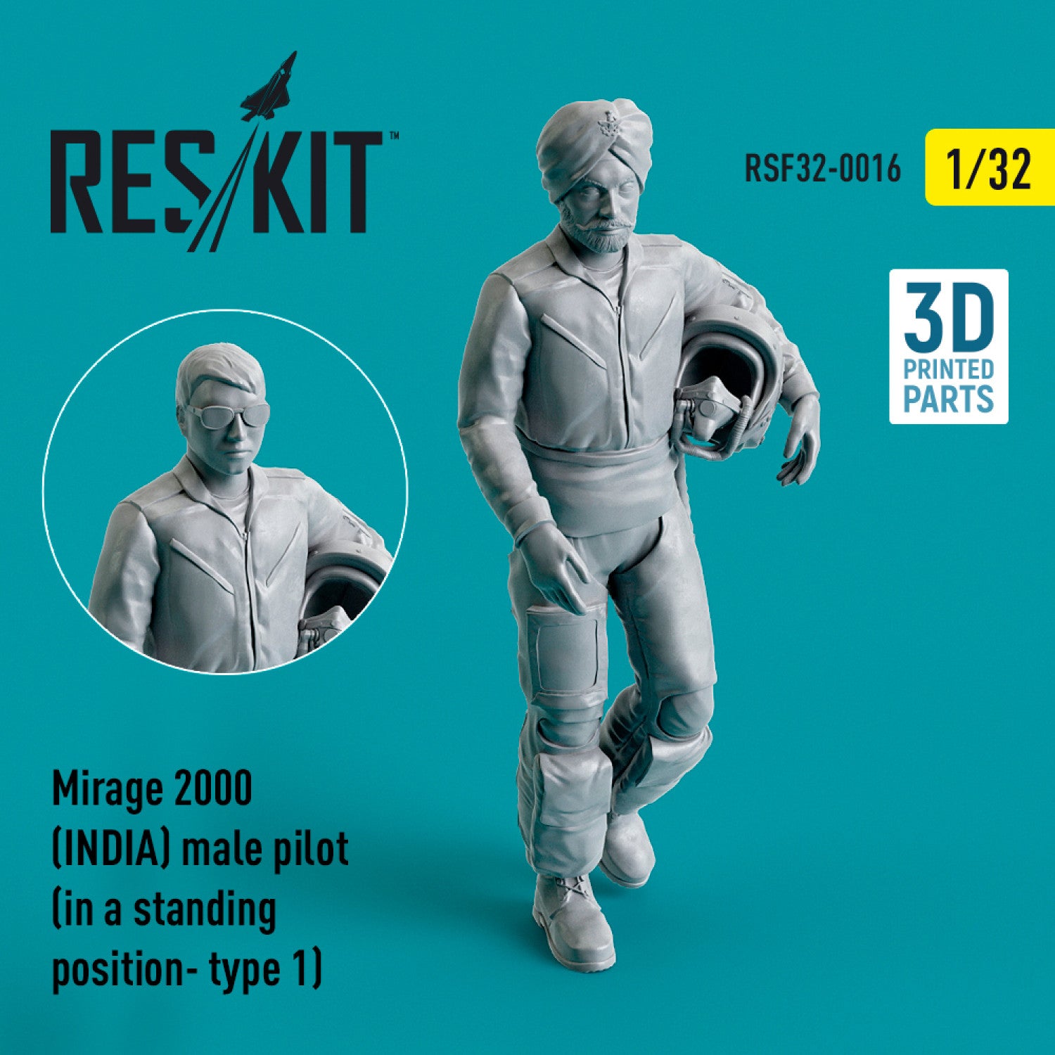 Dassault Mirage 2000 (INDIA) male pilot (in a standing position- type 1) (3D Printed) Scale 1:32 ResKit RSF32-0016 for Figurines for Aircraft Model Kit