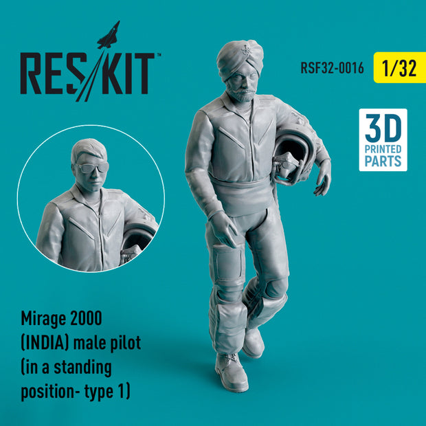 Dassault Mirage 2000 (INDIA) male pilot (in a standing position- type 1) (3D Printed) Scale 1:32 ResKit RSF32-0016 for Figurines for Aircraft Model Kit