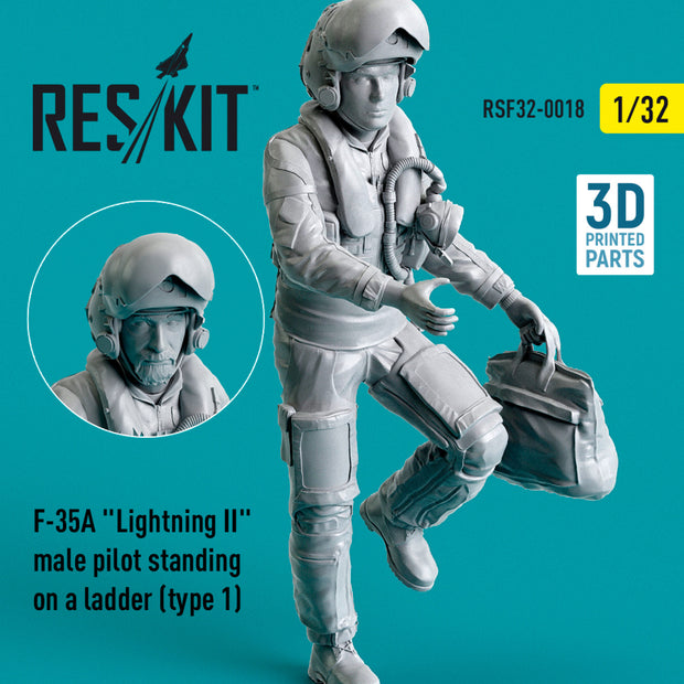 Lockheed Martin F-35A Lightning II male pilot standing on a ladder (type 1) (3D Printed) Scale 1:32 ResKit RSF32-0018 for Figurines for Aircraft Model Kit