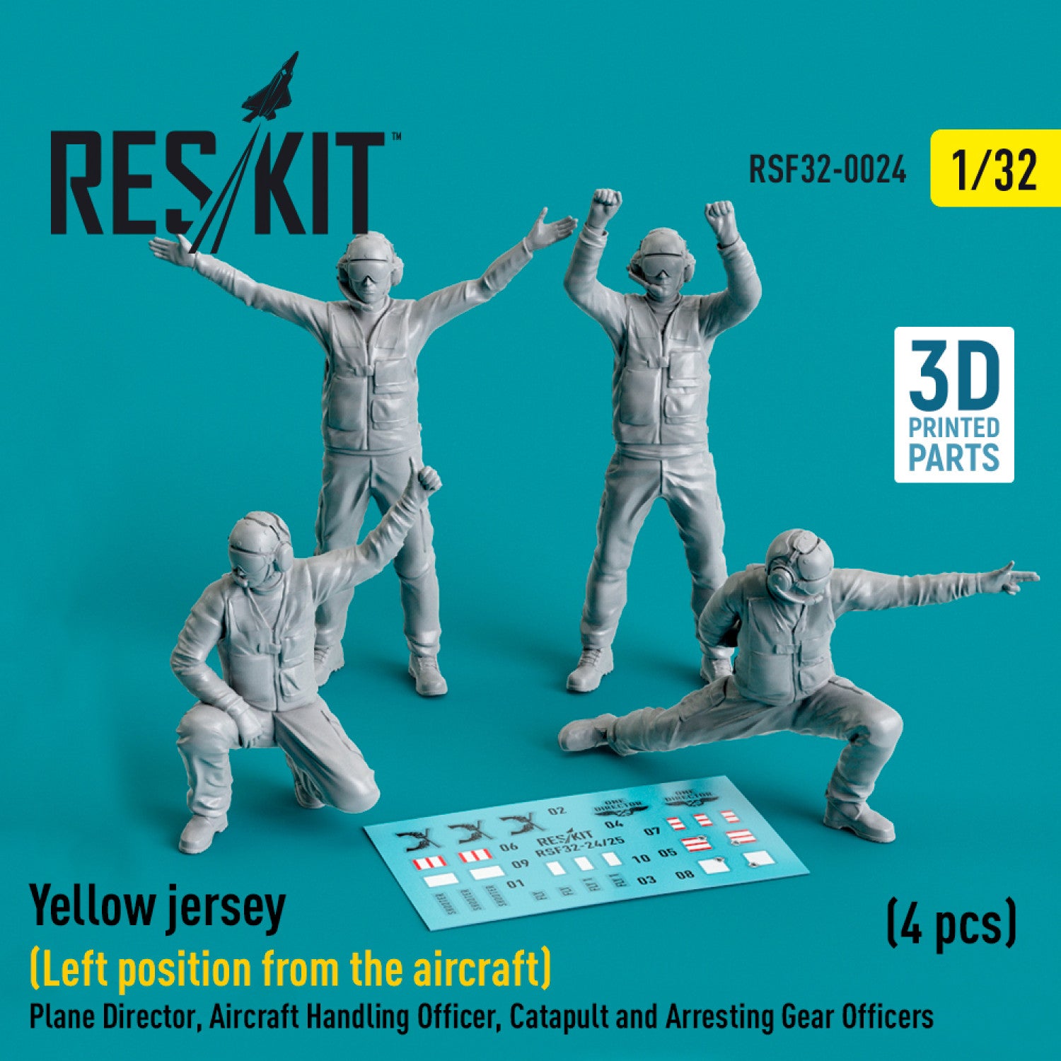 Yellow jersey (Modern) (Left position from the aircraft) Plane Director, Aircraft Handling Officer, Catapult and Arresting Gear Officers (4 pcs) (3D Printed) Scale 1:32 ResKit RSF32-0024 for Figurines for Aircraft Model Kit