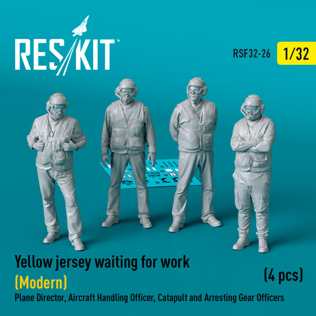 Yellow jersey waiting for work (Modern) Plane Director, Aircraft Handling Officer, Catapult and Arresting Gear Officers (4 pcs) (3D Printed) Scale 1:32 ResKit RSF32-0026 for Figurines for Aircraft Model Kit