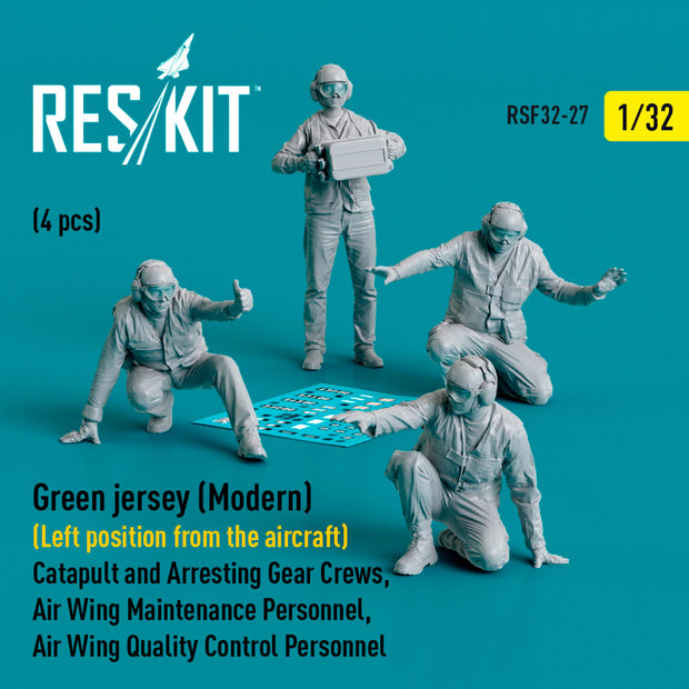 Green jersey (Modern) (Left position from the aircraft) Catapult and Arresting Gear Crews, Air Wing Maintenance Personnel, Air Wing Quality Control Personnel (4 pcs) (3D Printed) Scale 1:32 ResKit RSF32-0027 for Figurines for Aircraft Model Kit