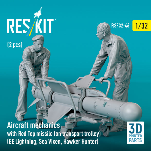 Aircraft mechanics with Red Top Missile (on transport trolley) (EE Lightning, Sea Vixen, Hawker Hunter) (2 pcs) (3D Printed) Scale 1:32 ResKit RSF32-0046 for Figurines for Aircraft Model Kit