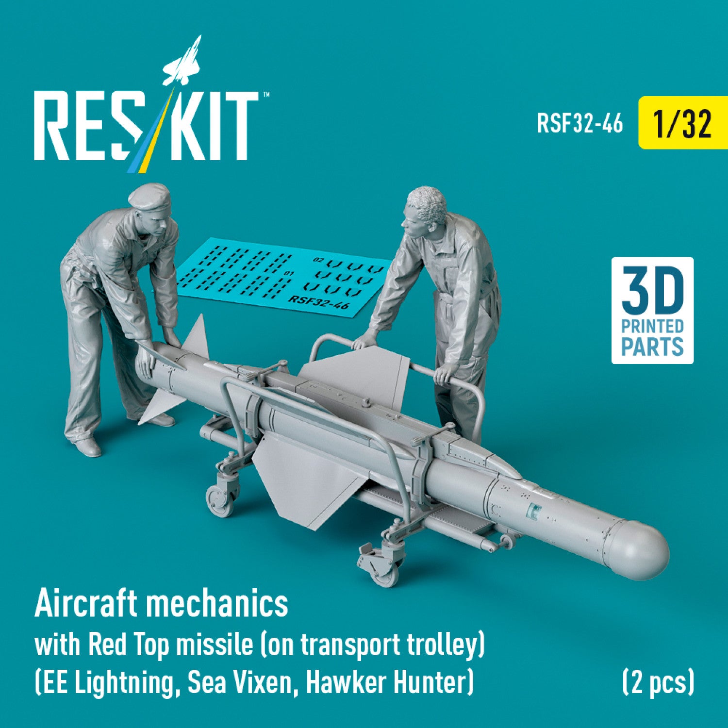 Aircraft mechanics with Red Top Missile (on transport trolley) (EE Lightning, Sea Vixen, Hawker Hunter) (2 pcs) (3D Printed) Scale 1:32 ResKit RSF32-0046 for Figurines for Aircraft Model Kit