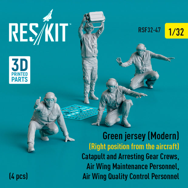 Green jersey (Modern) (Right position from the aircraft) Catapult and Arresting Gear Crews, Air Wing Maintenance Personnel, Air Wing Quality Control Personnel (4 pcs) (3D Printed) Scale 1:32 ResKit RSF32-0047 for Figurines for Aircraft Model Kit