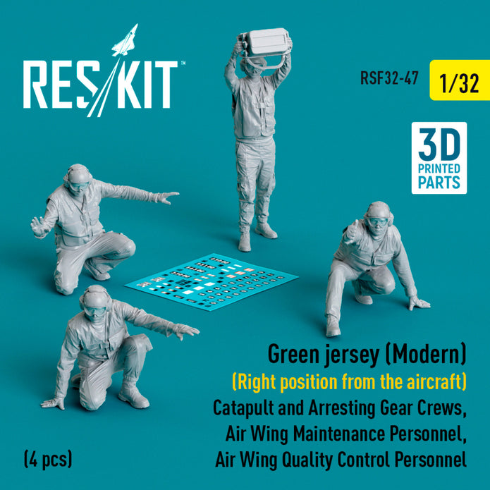 Green jersey (Modern) (Right position from the aircraft) Catapult and Arresting Gear Crews, Air Wing Maintenance Personnel, Air Wing Quality Control Personnel (4 pcs) (3D Printed) Scale 1:32 ResKit RSF32-0047 for Figurines for Aircraft Model Kit