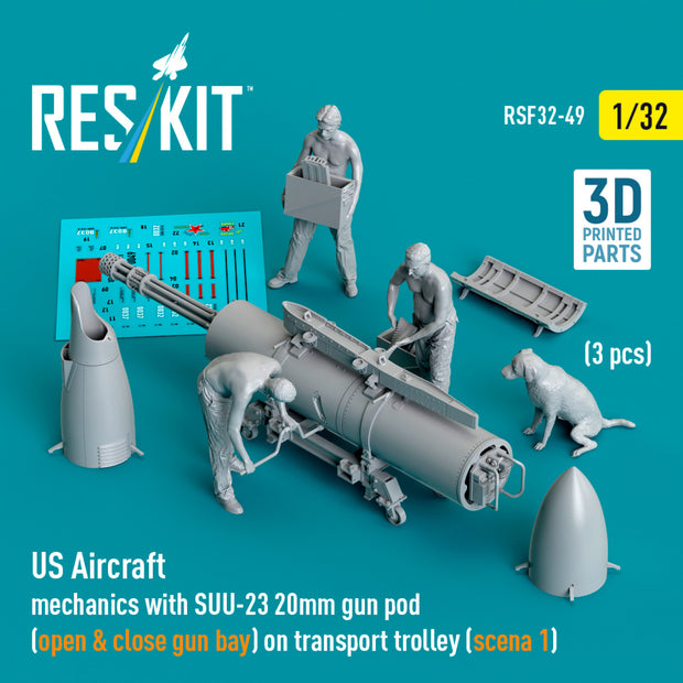 US Aircraft mechanics with SUU-23 20mm gun pod (open & close gun bay) on transport trolley (scene 1) (3 pcs) (3D Printed) Scale 1:32 ResKit RSF32-0049 for Figurines for Aircraft Model Kit
