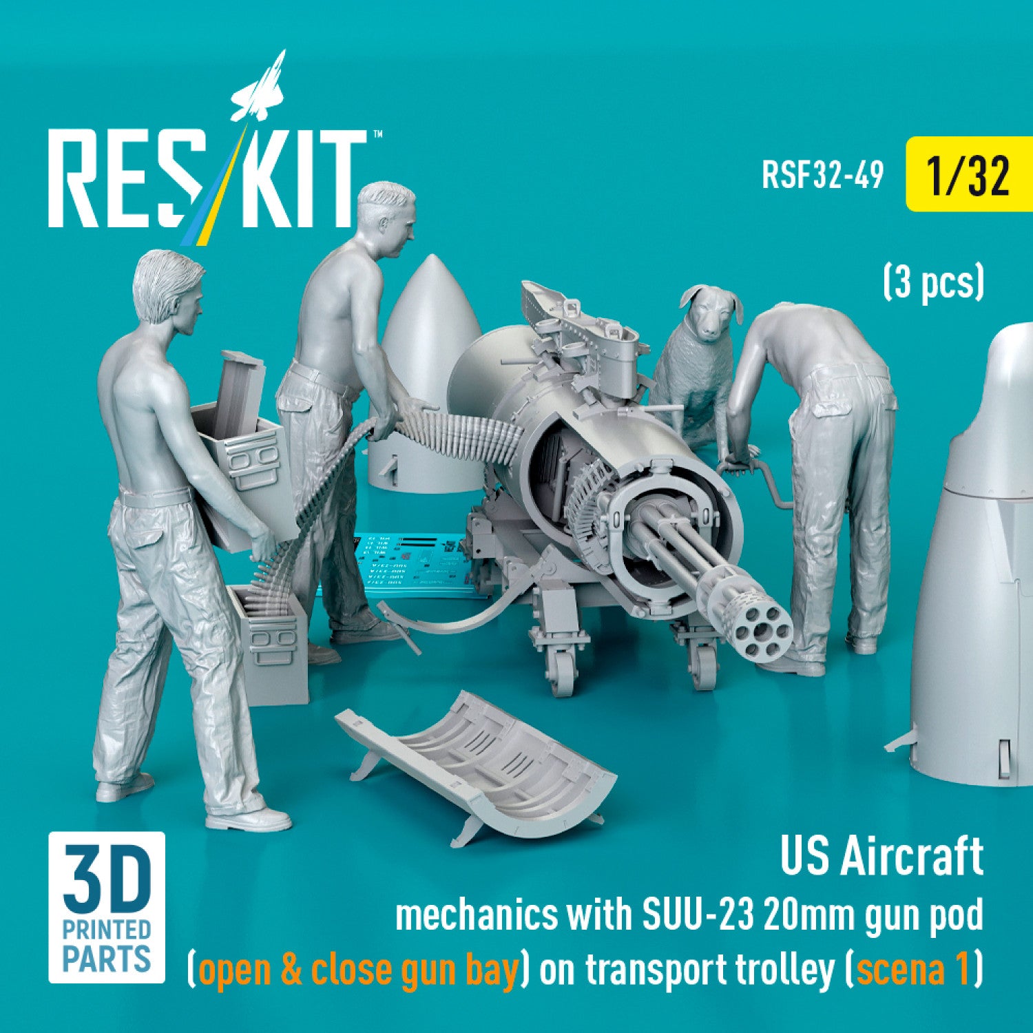 US Aircraft mechanics with SUU-23 20mm gun pod (open & close gun bay) on transport trolley (scene 1) (3 pcs) (3D Printed) Scale 1:32 ResKit RSF32-0049 for Figurines for Aircraft Model Kit