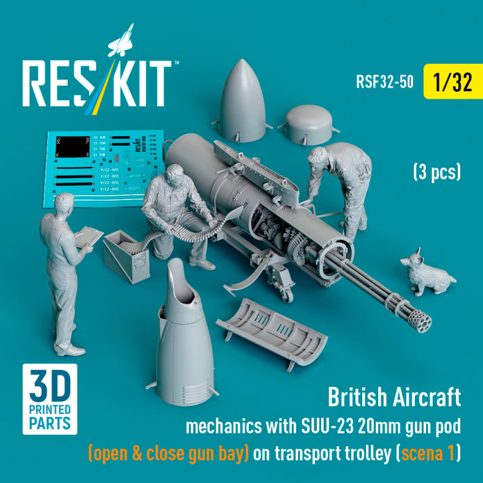 British Aircraft mechanics with SUU-23 20mm gun pod (open & close gun bay) on on transport trolley (scene 1) (3 pcs) (3D Printed) Scale 1:32 ResKit RSF32-0050 for Figurines for Aircraft Model Kit