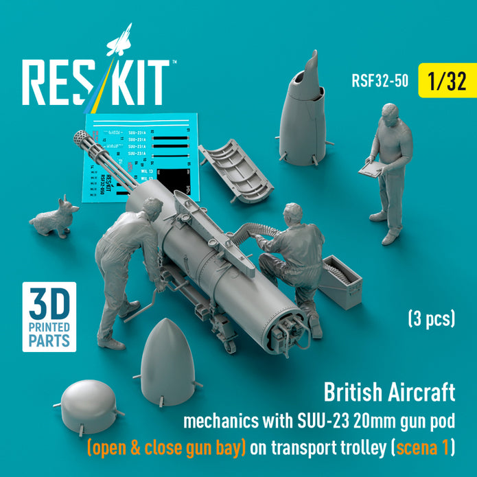 British Aircraft mechanics with SUU-23 20mm gun pod (open & close gun bay) on on transport trolley (scene 1) (3 pcs) (3D Printed) Scale 1:32 ResKit RSF32-0050 for Figurines for Aircraft Model Kit